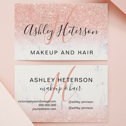 Makeup monogram marble rose gold glitter script business card