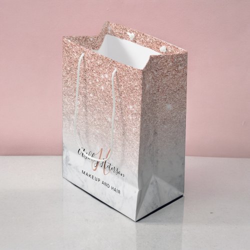 Makeup monogram marble rose gold glitter script medium gift bag