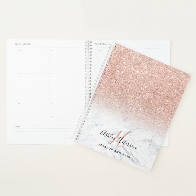 Makeup monogram marble rose gold glitter script planner (Display)
