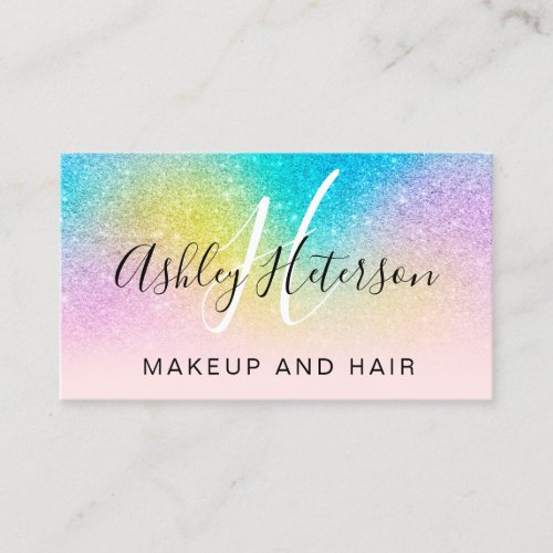 Makeup monogram rainbow glitter script pink business card