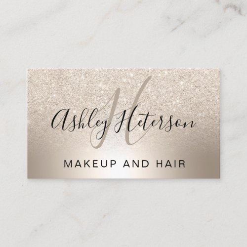 Makeup monogram script chic gold glitter metallic business card