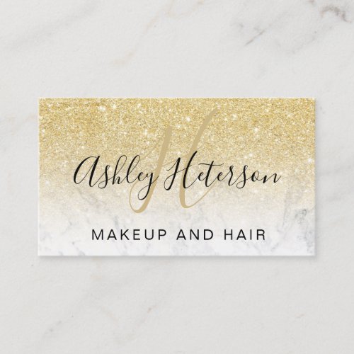 Makeup monogram script marble gold glitter business card