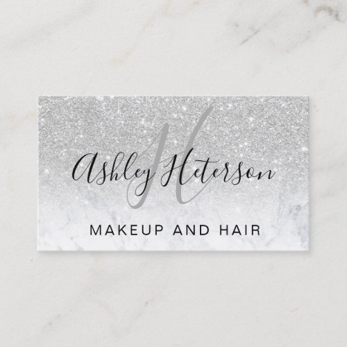 Makeup monogram script marble silver glitter business card