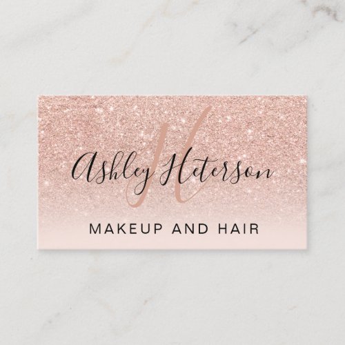 Makeup monogram script rose gold glitter blush business card