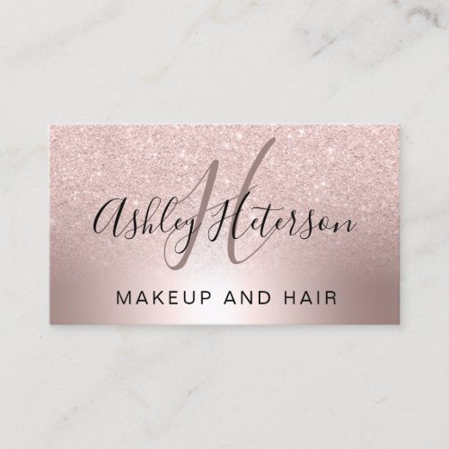 Makeup monogram script rose gold glitter metallic business card