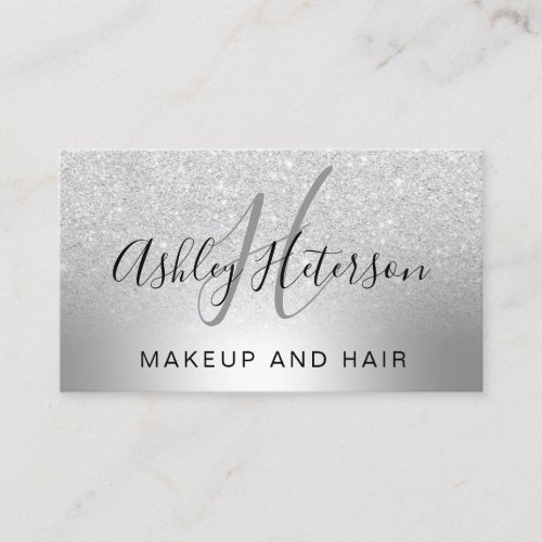 Makeup monogram script silver glitter metallic business card