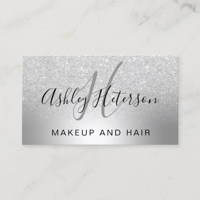 Makeup monogram script silver glitter metallic business card (Front)