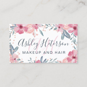 Makeup monogram script spring floral watercolor business card