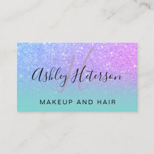 Makeup monogram turquoise pink glitter script business card