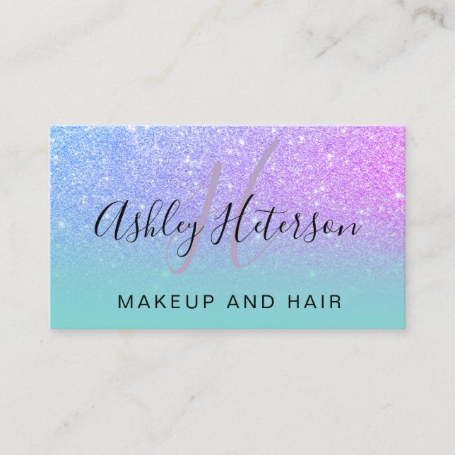Makeup monogram turquoise pink glitter script business card (Front)