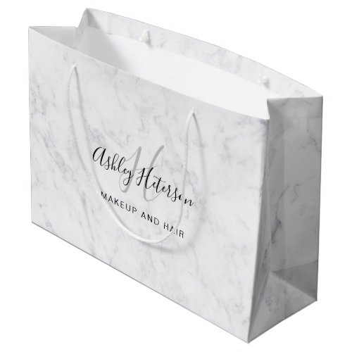 Makeup monogram white marble script typography large gift bag