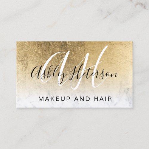 Makeup monogrammed gold foil marble script business card