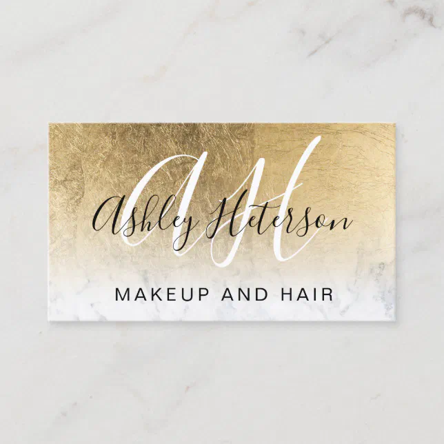 Makeup monogrammed gold foil marble script business card | Zazzle