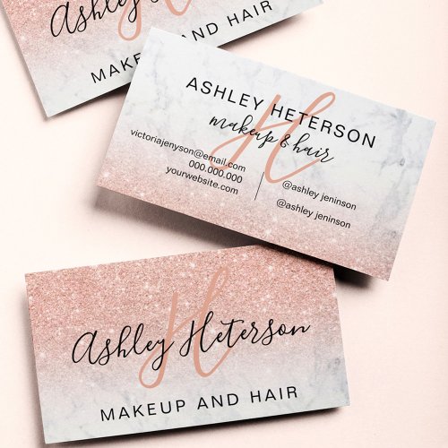 Makeup monogrammed marble rose gold glitter script business card