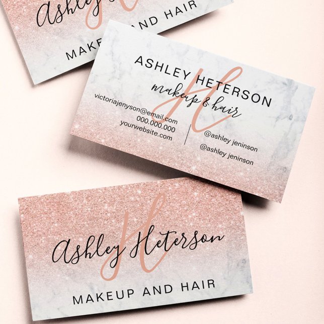 Makeup monogrammed marble rose gold glitter script business card (Creator Uploaded)