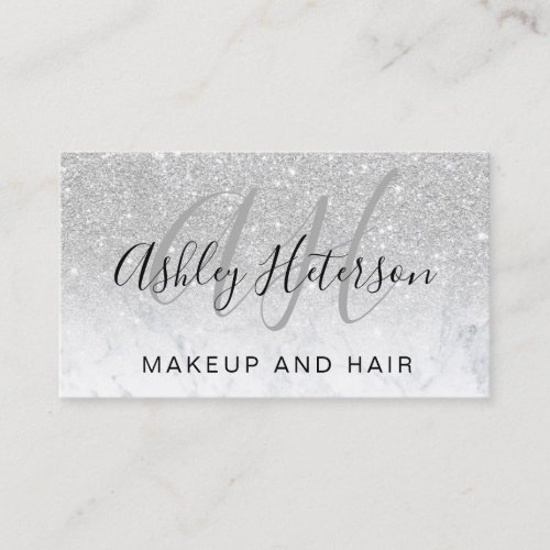 Makeup monogrammed marble silver glitter script business card