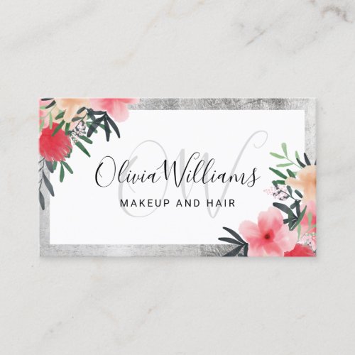 Makeup monogrammed silver frame floral script business card