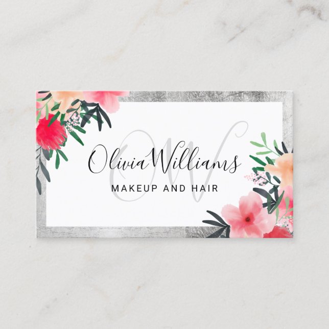 Makeup monogrammed silver frame floral script business card (Front)