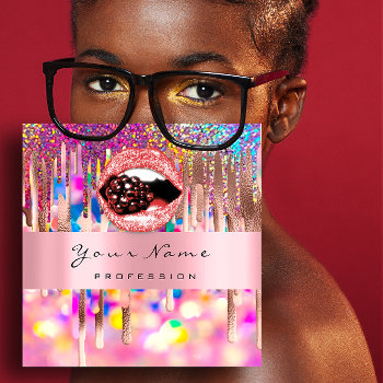 Makeup Nails Pink Rose Holograph Drips Kiss Lips Square Business Card by luxury_luxury at Zazzle
