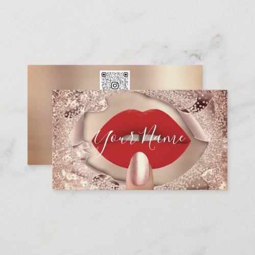 Makeup Nails Rose Gold Kiss Red Lips QR Code Business Card