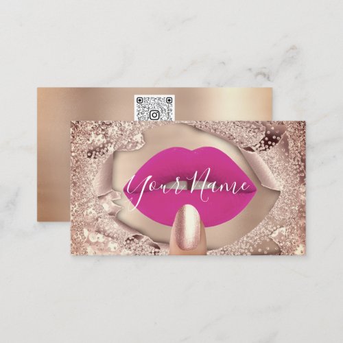 Makeup Nails Rose Kiss Pink Lips QR Code Logo  Business Card