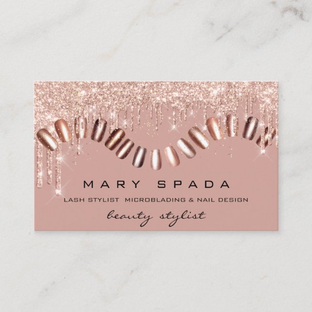 Makeup Nails Stylist Manicure Rose Gold Sparkly Business Card (Front)