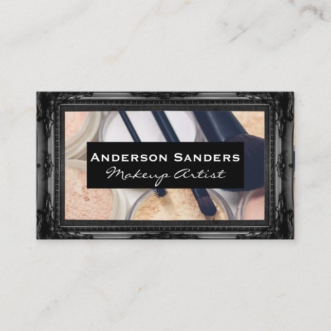 Makeup Palette and Brushes | Antique Black Border Business Card (Front)