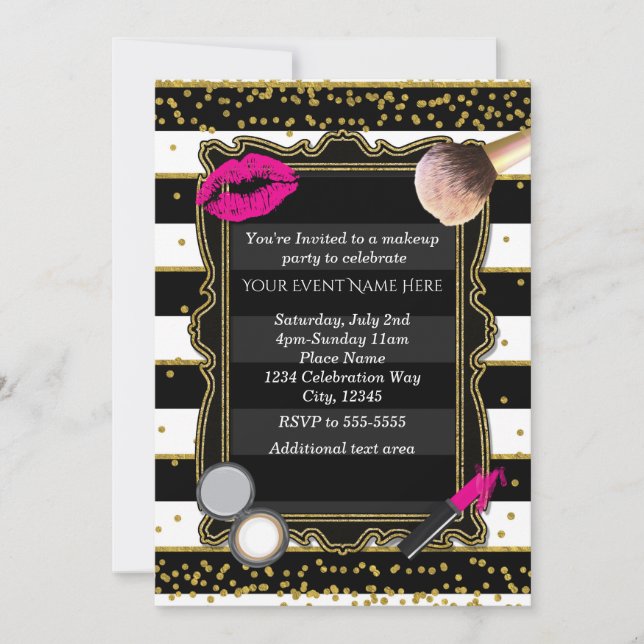 Makeup Party Gold Confetti & Stripes Glamour Invitation (Front)