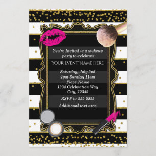 Makeup Party Gold Confetti & Stripes Glamour Invitation