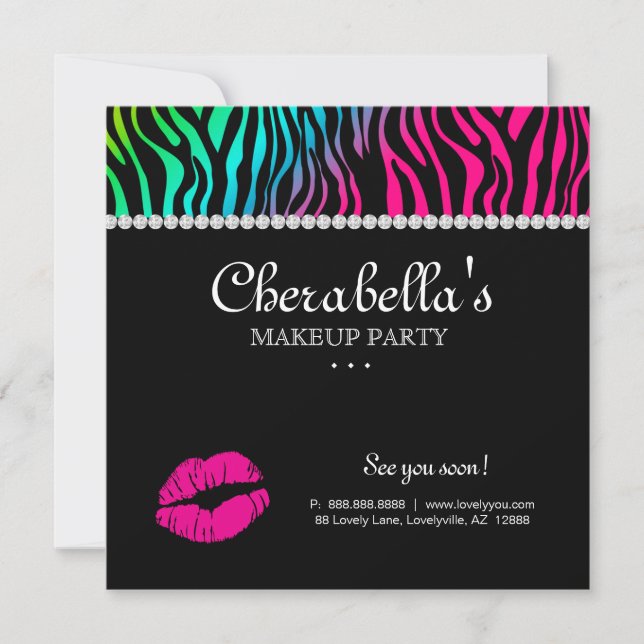 Makeup Party Invitation Zebra Rainbow Jewelry (Front)