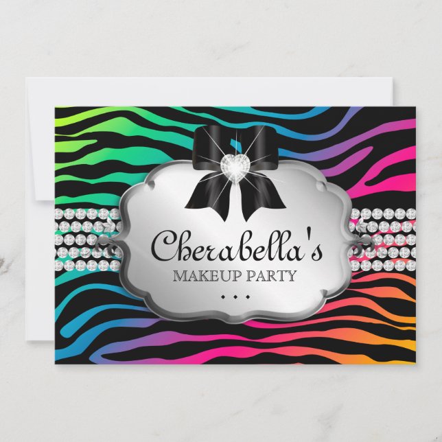 Makeup Party Invitation Zebra Rainbow Jewelry (Front)