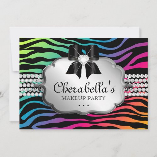 Makeup Party Invitation Zebra Rainbow Jewelry