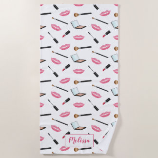 Makeup Pattern And Pink Lips With Custom Name Beach Towel