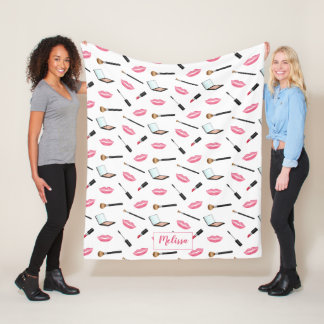 Makeup Pattern And Pink Lips With Custom Name Fleece Blanket