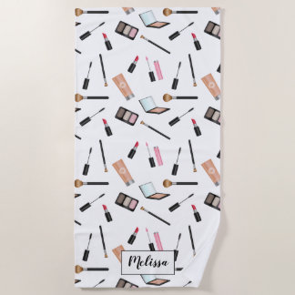 Makeup Pattern Scatter With Custom Name Beach Towel