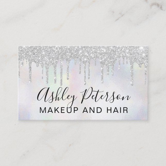 Makeup pearl typography glitter silver drips business card (Front)