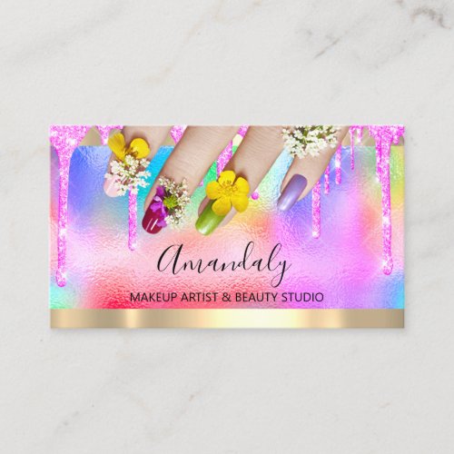 Makeup Pink Blu Glitter Drip Holograph Nail Floral Business Card