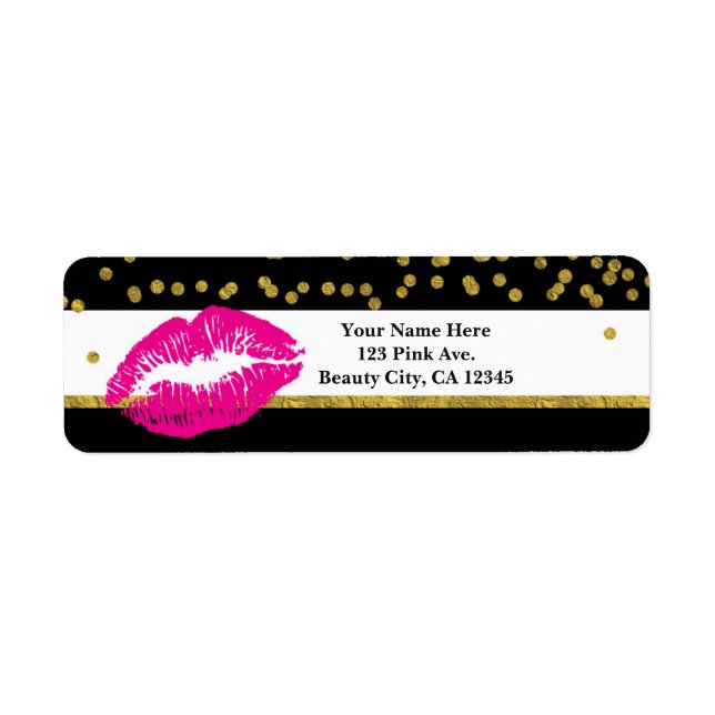 Makeup Pink Lips Gold Confetti & Stripes Glamour Label (Front)