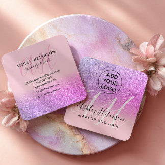 Makeup Pink purple glitter logo monogram Square Business Card