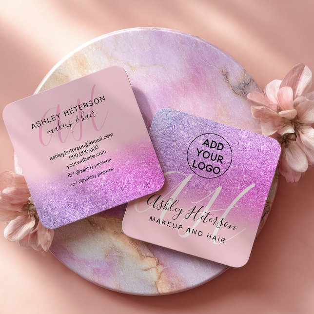 Makeup Pink purple glitter logo monogram Square Business Card (Makeup Pink purple glitter logo monogram Square Business Card)