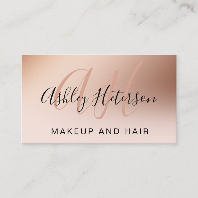 Makeup pink rose gold foil script monogrammed business card (Front)