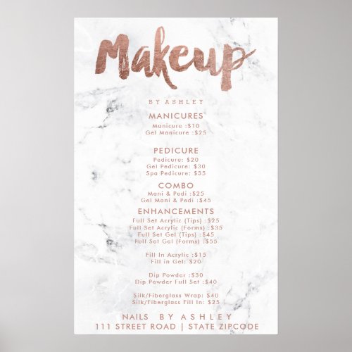 Makeup price typography rose gold white marble poster