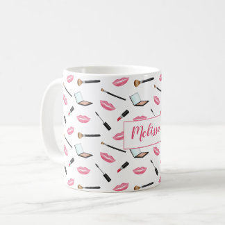 Makeup Products And Pink Lips Personalized Name Coffee Mug