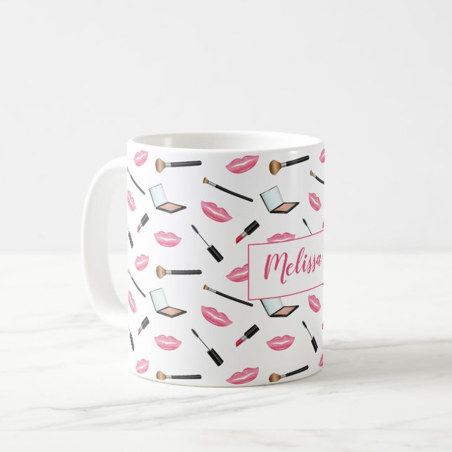 Makeup Products And Pink Lips Personalized Name Coffee Mug (Front Left)