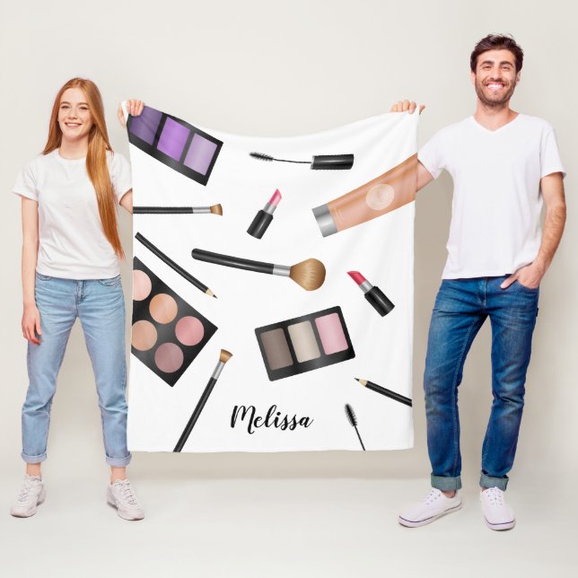 Makeup Products Illustration & Personalized Name Fleece Blanket (In Situ)