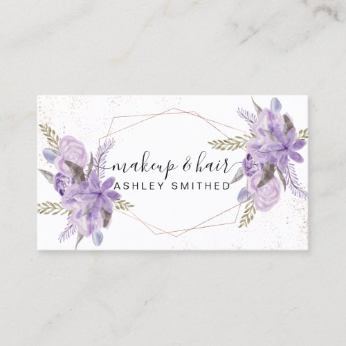Makeup purple floral watercolor rose gold frame business card
