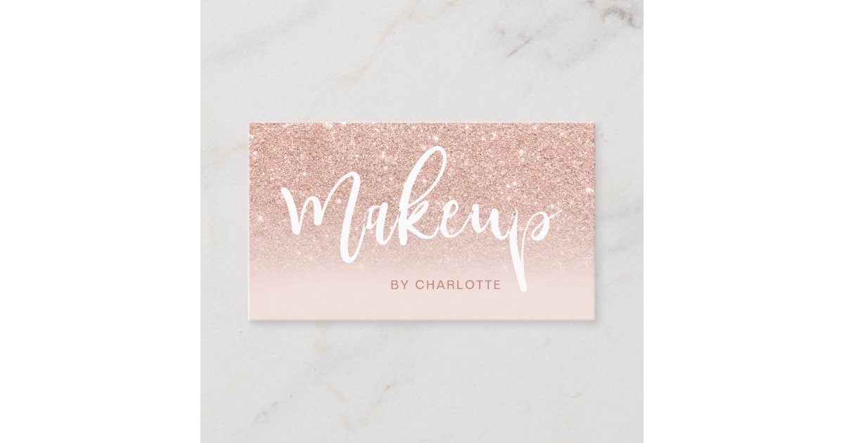 Makeup rose gold glitter blush ombre pink script business card | Zazzle