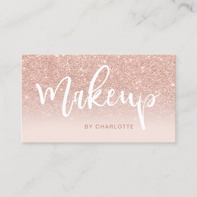 Makeup rose gold glitter blush ombre pink script business card (Front)