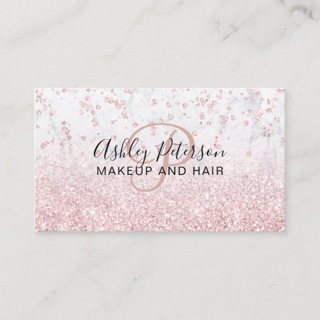 Makeup rose gold glitter marble monogram ombre business card (Front)