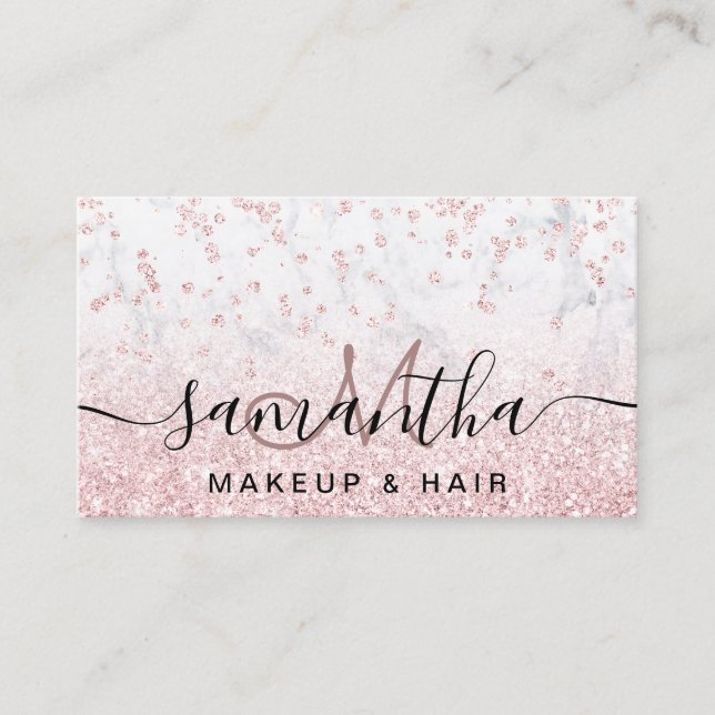 Makeup rose gold glitter marble sparkle confetti business card (Front)